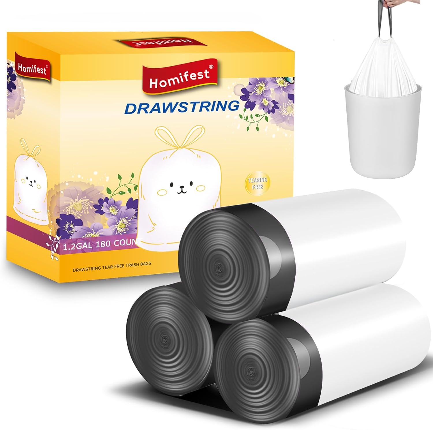 1.2 Gallon Drawstring Trash Bags,180 Count White