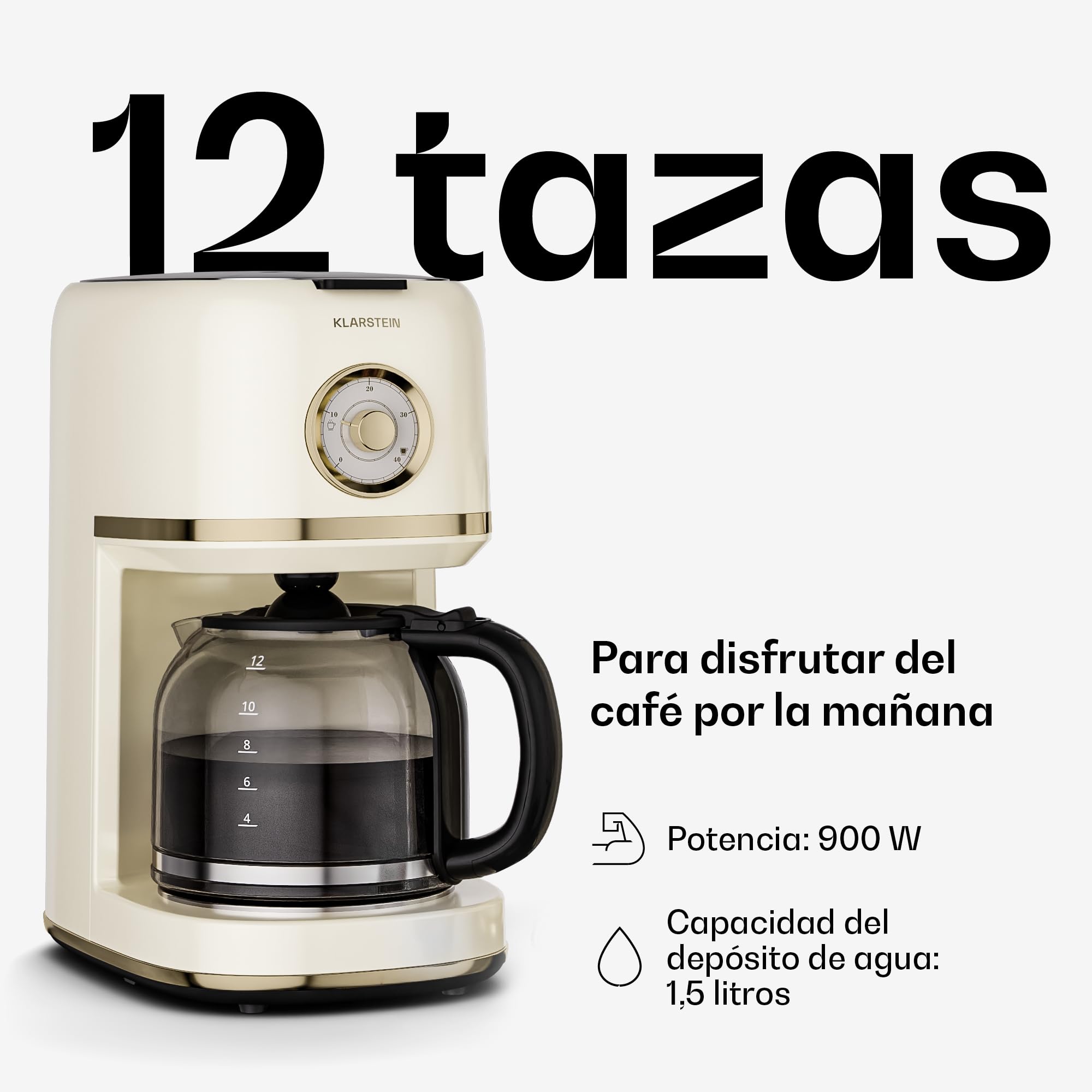 KLARSTEIN Cafetera de filtro Victoria - Cafetera de diseño retro, 1,5 L para hasta 12 tazas, función de mantenimiento del calor, sistema antigoteo, apagado automático