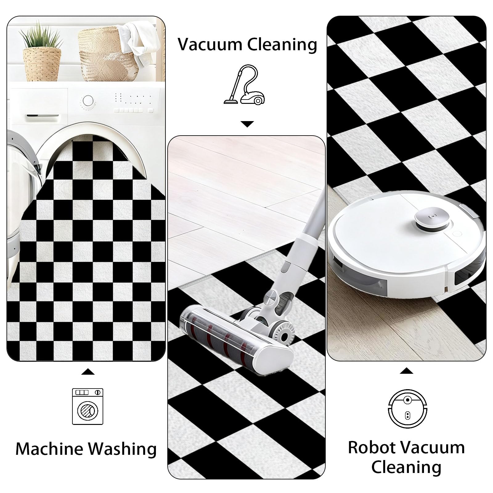 Damier Noir Blanc Tapis de Couloir 80x300cm Antidérapant Plaid Géométrique Tapis de Passage Lavable Doux Minimaliste Moderne Moquette Long Doux pour Chambre à Coucher Couloirs Salon Cuisine