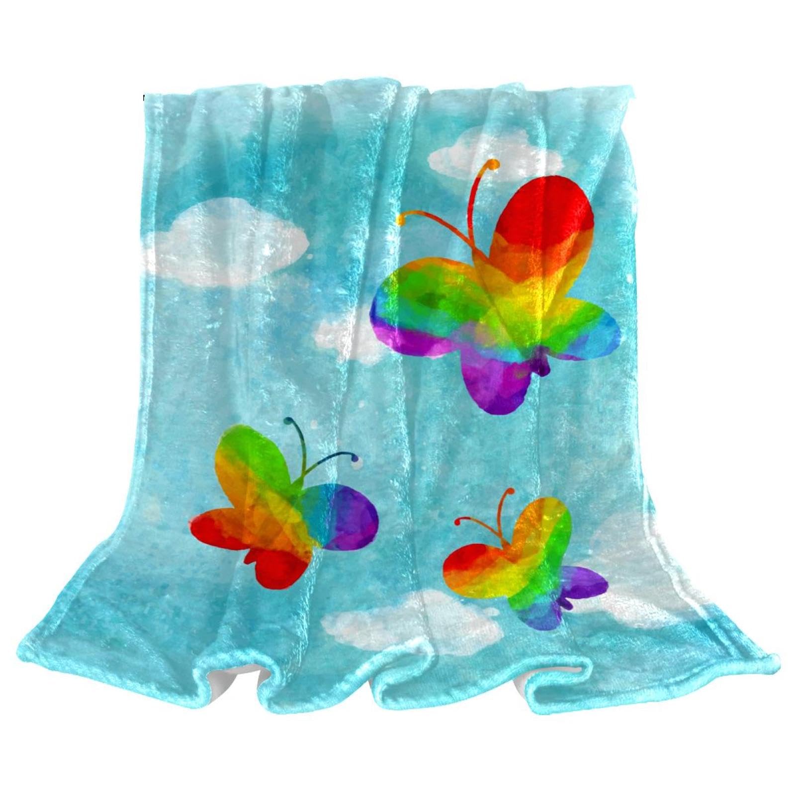 Couverture polaire papillon arc-en-ciel 150x130cm pour lit et canapé