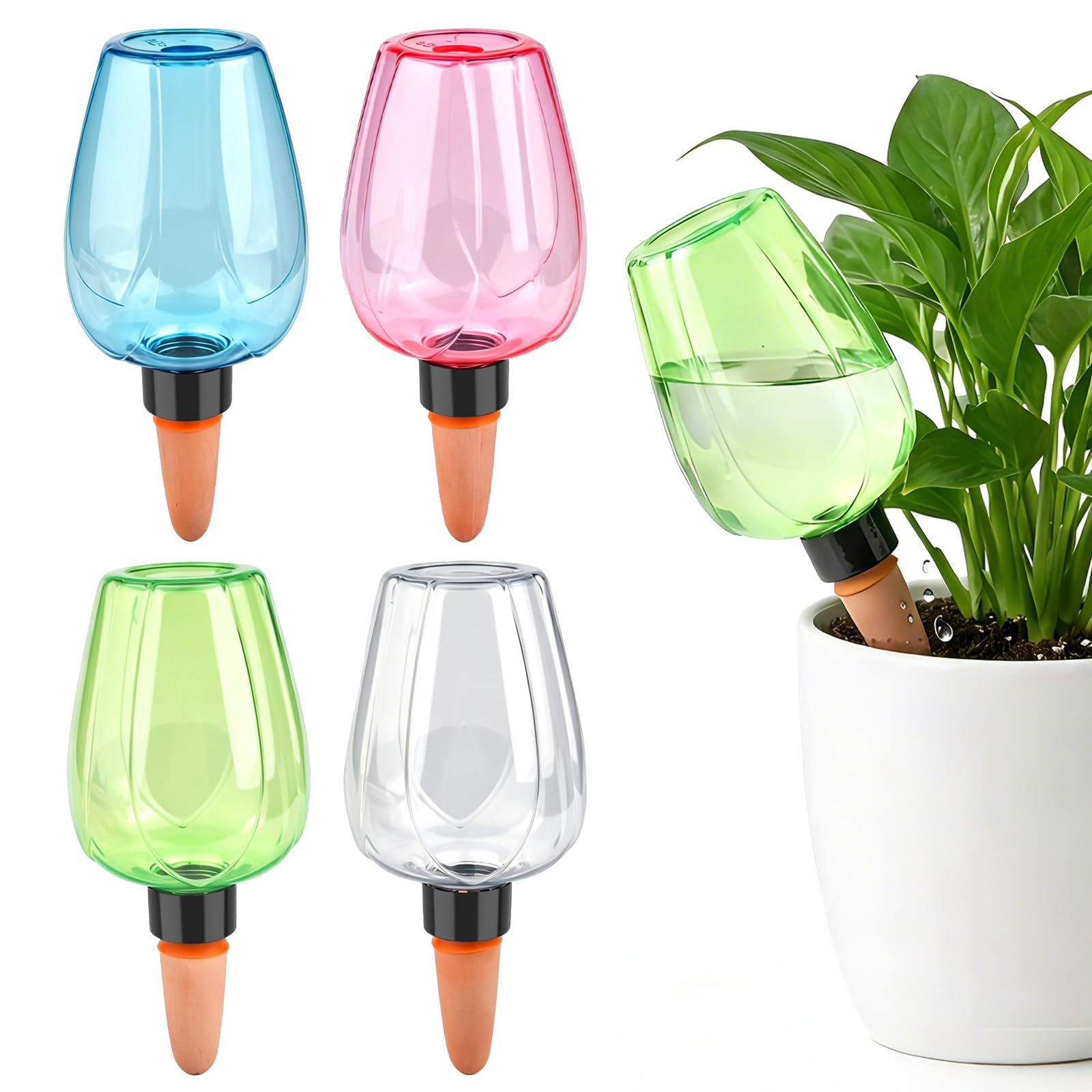Plant Watering Devices, 4Pcs Plant Watering Globes, Plastic Water Bulbs Top Fill, 350ML Self Watering Plant Spikes System, Slow Release Terracotta Watering Spikes for Indoor Outdoor Plants