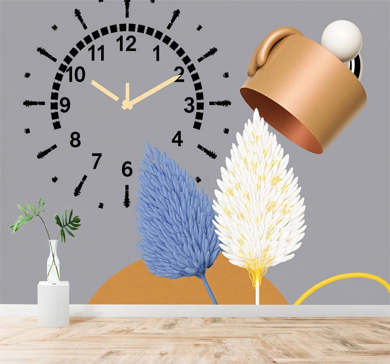 Xlming 400Cm×280Cm(B×H) Minimalist Clock Abstract Lamp Leaves 3D Wallpaper Silky Texture Home Study Office Grey Dining Room Sofa Bedroom Living Room Tv Backdrop-400Cm×280Cm