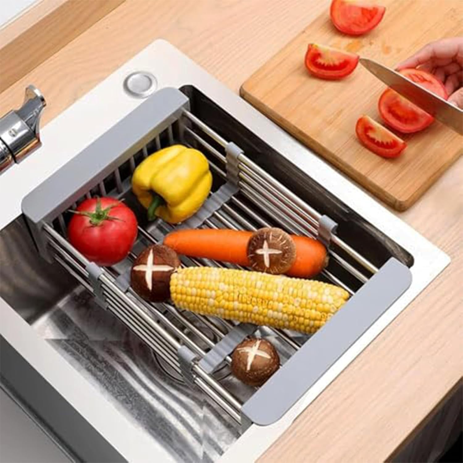 Scolapiatti Regolabile per lavello da Cucina, cestello di scolo Estensibile in Acciaio Inox per Frutta e Verdura, Nero, Piccolo (Large)