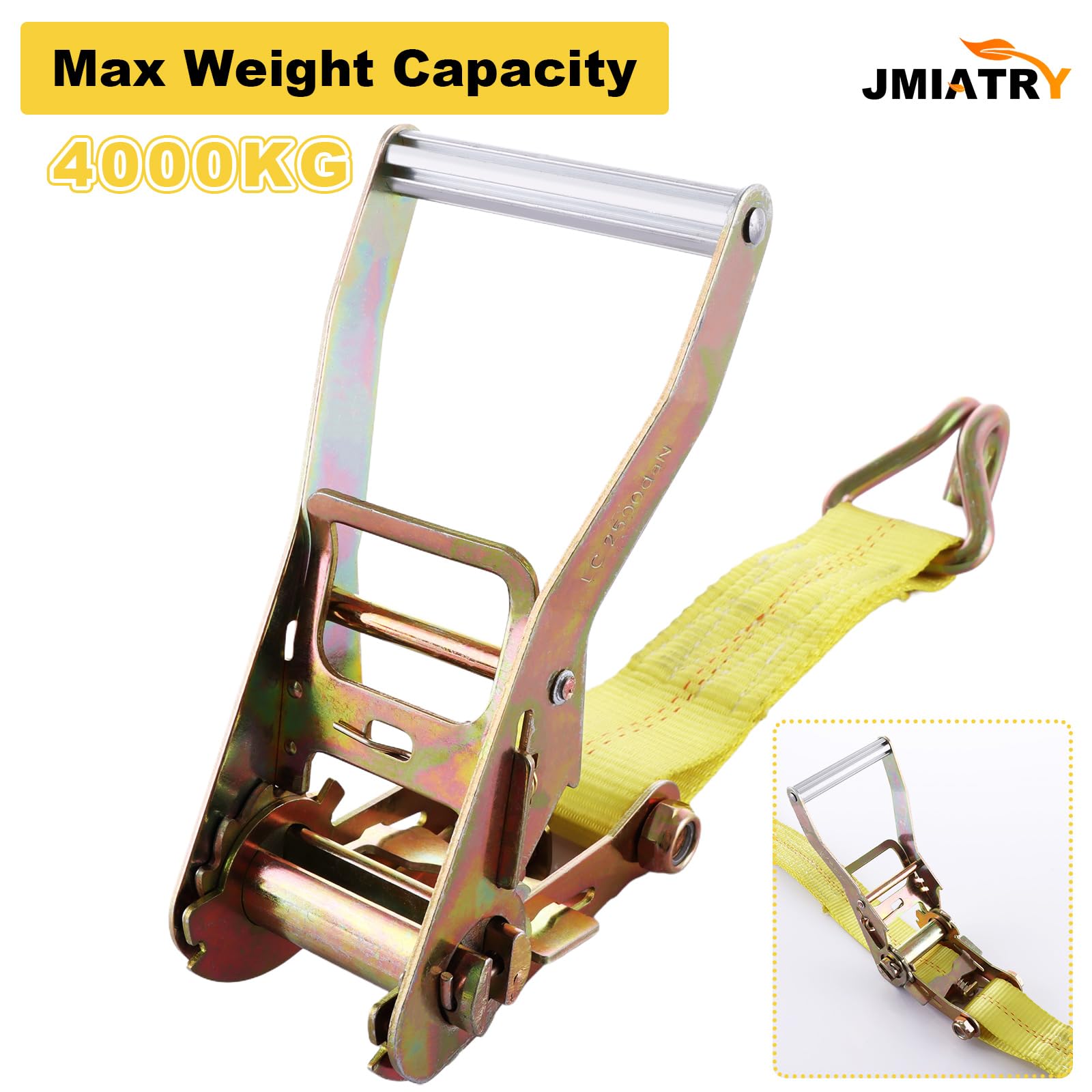 JMIATRY 4 cinghie a cricchetto resistenti con ganci, 5 m x 50 mm, con resistenza alla rottura di 4000 kg, cinghia regolabile a cricchetto per furgoni, moto, camion e rimorchi