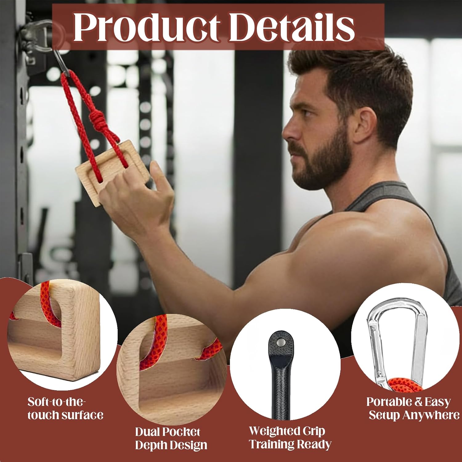 Portable Hangboard, Climbing Hangboard, Dual-Pocket Grip Blocks for Finger Strength, Power, and Forearm Training, Adjustable Rope and Metal Clips Included