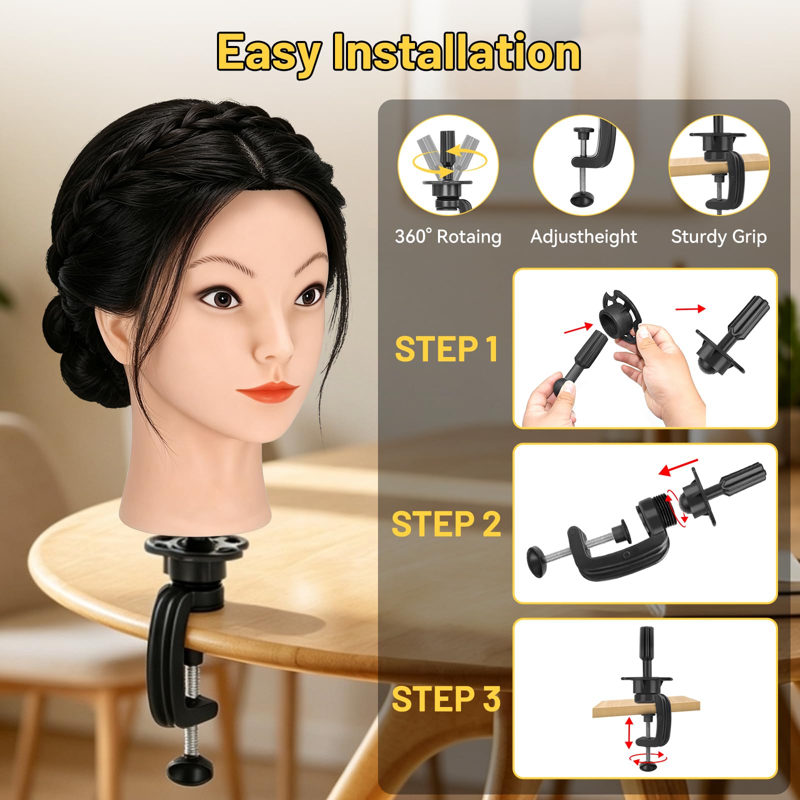 Yofuly Friseur-Trainingskopf, 45,7 cm, 100 % Echthaar, Manikin-Kosmetologie-Puppenkopf zum Flechten & Haarstyling, Übungskopf mit Tischklemme + DIY Zopf-Set (schwarz)