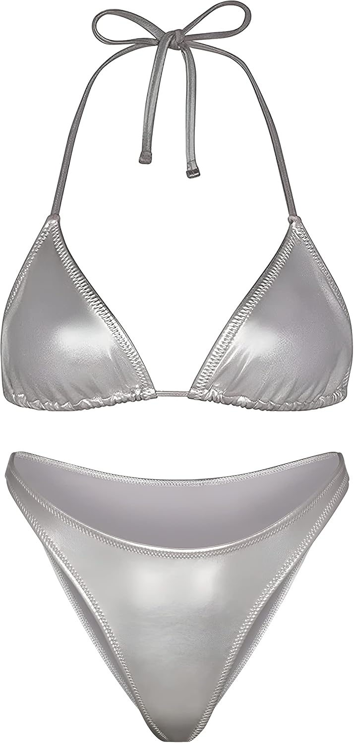 Women Metallic Bikini Swim Sexy Silver Swimsuit Triangle Top and Bottom Set - Image 5