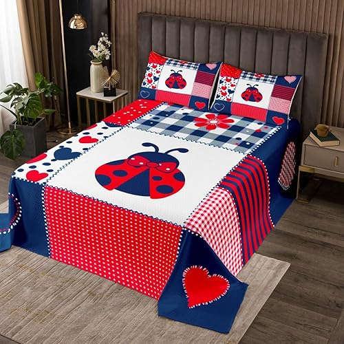 Linda colcha de mariquita tamaño Queen, juego de ropa de cama de retazos de cuadrícula para niños, niñas, niños, adolescentes, decoración de