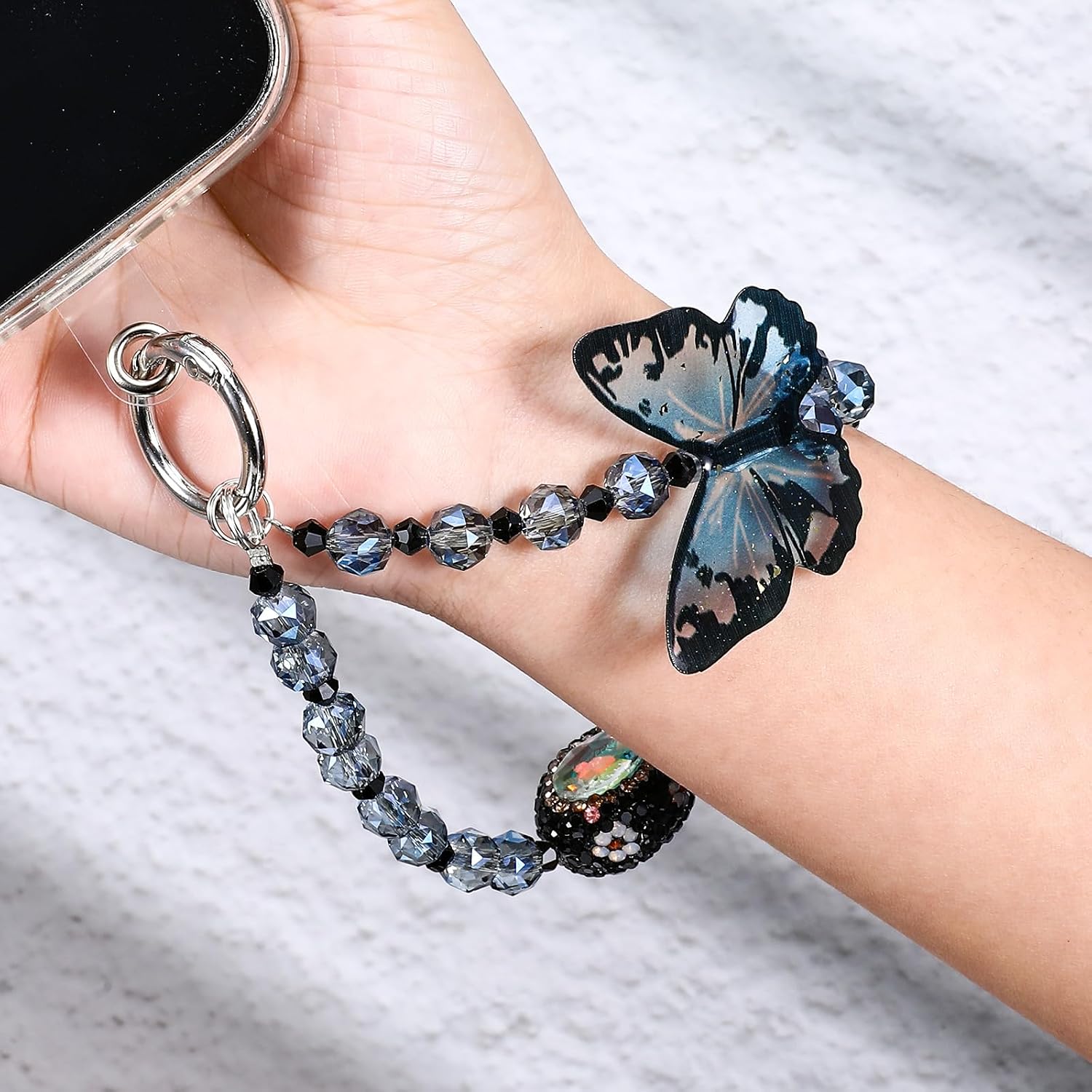 Blue Butterfly Design Phone Charm with 2 Tether Tabs, Cute Keychain Lanyard Pendant Phone Wrist Strap, Hands-Free Detachable Chain Wristlet for Backpack Case Decor