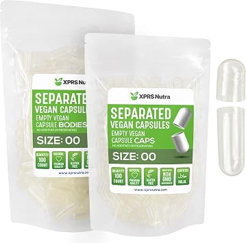 XPRS Nutra Vegan Size 00 Separated Capsules - 100 Count Clear Premium Empty Capsules Separated in Bags - 00 Pills Empty for DIY Supplement Filling