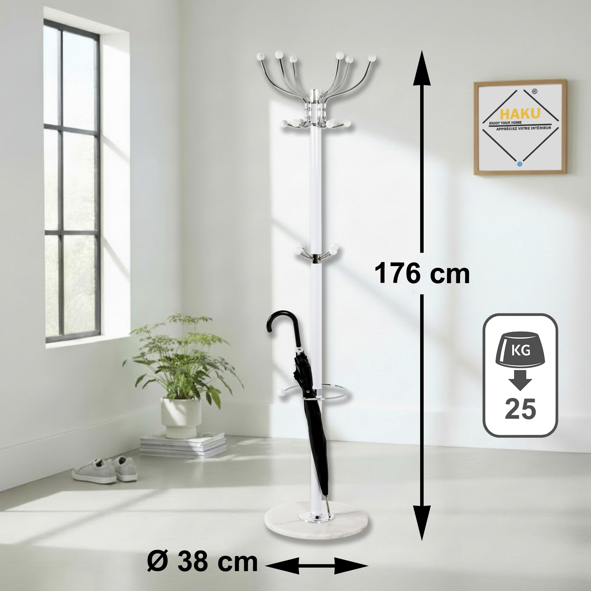 HAKU Appendiabiti cromo, bianco, Marmo, legno massiccio, metallo - Dim. A 176 cm x Ø 38 cm, Stile Moderno