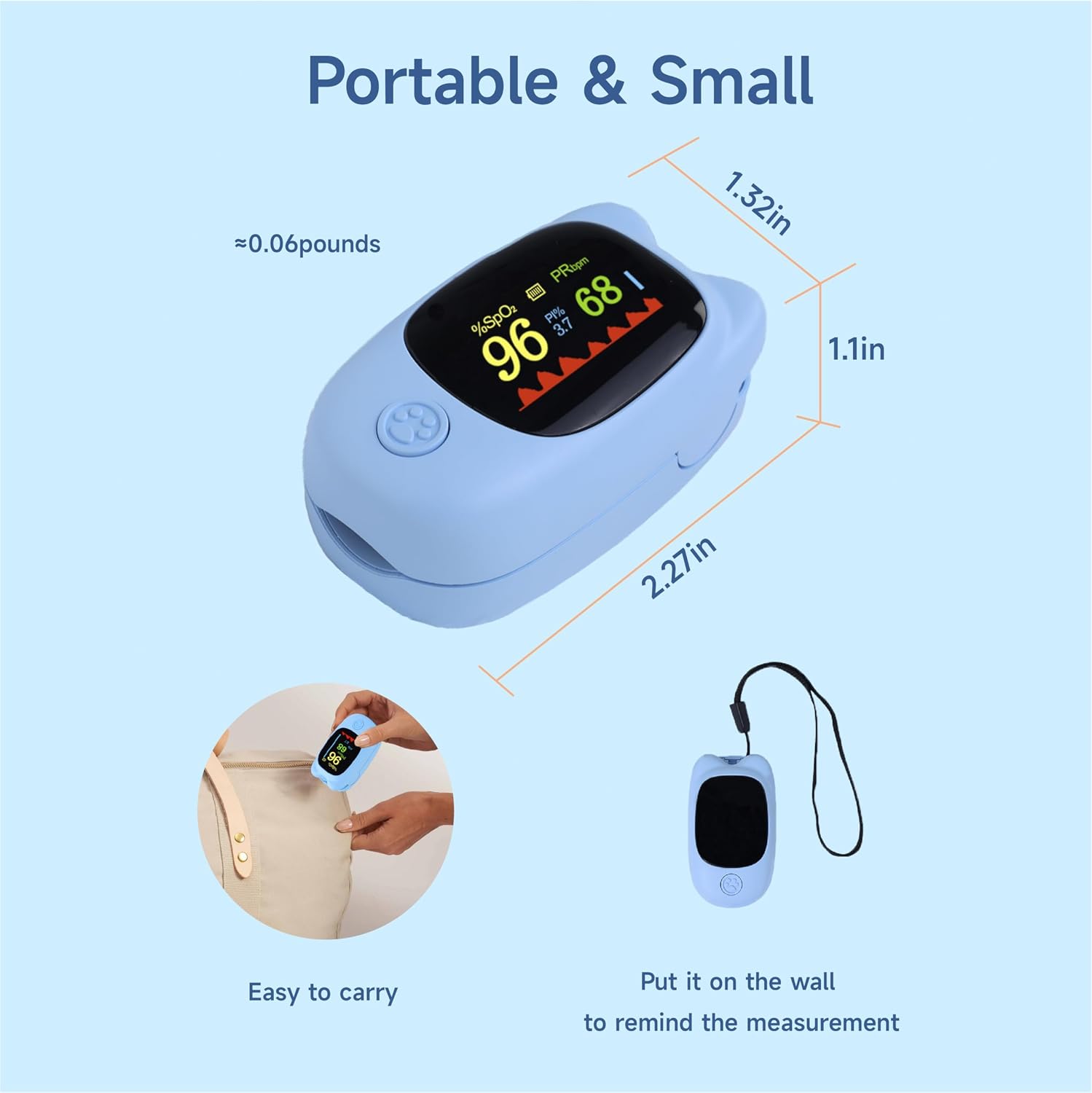 Cute 4 color Pediatric Pulse oximeter fingertip. Rechargeable pulse oximeter for kids. Portable Child oxygen monitor fingertip. O2 Saturation Monitor withType-C, bag & lanyard (Not for Newborn/Infant)