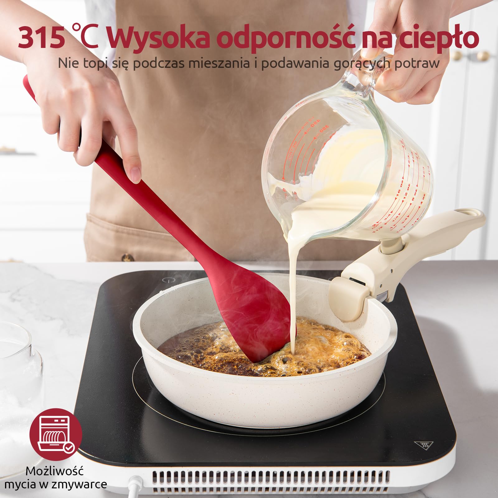 U-Taste 33,9 cm Bardzo Długa Łyżka Silikonowa: łyżka do gotowania odporna na ciepło 315 ℃, solidna i cedzakowa łyżka z powłoką nieprzywierającą do serwowania, mieszania (Czerwony, 2 sztuki)