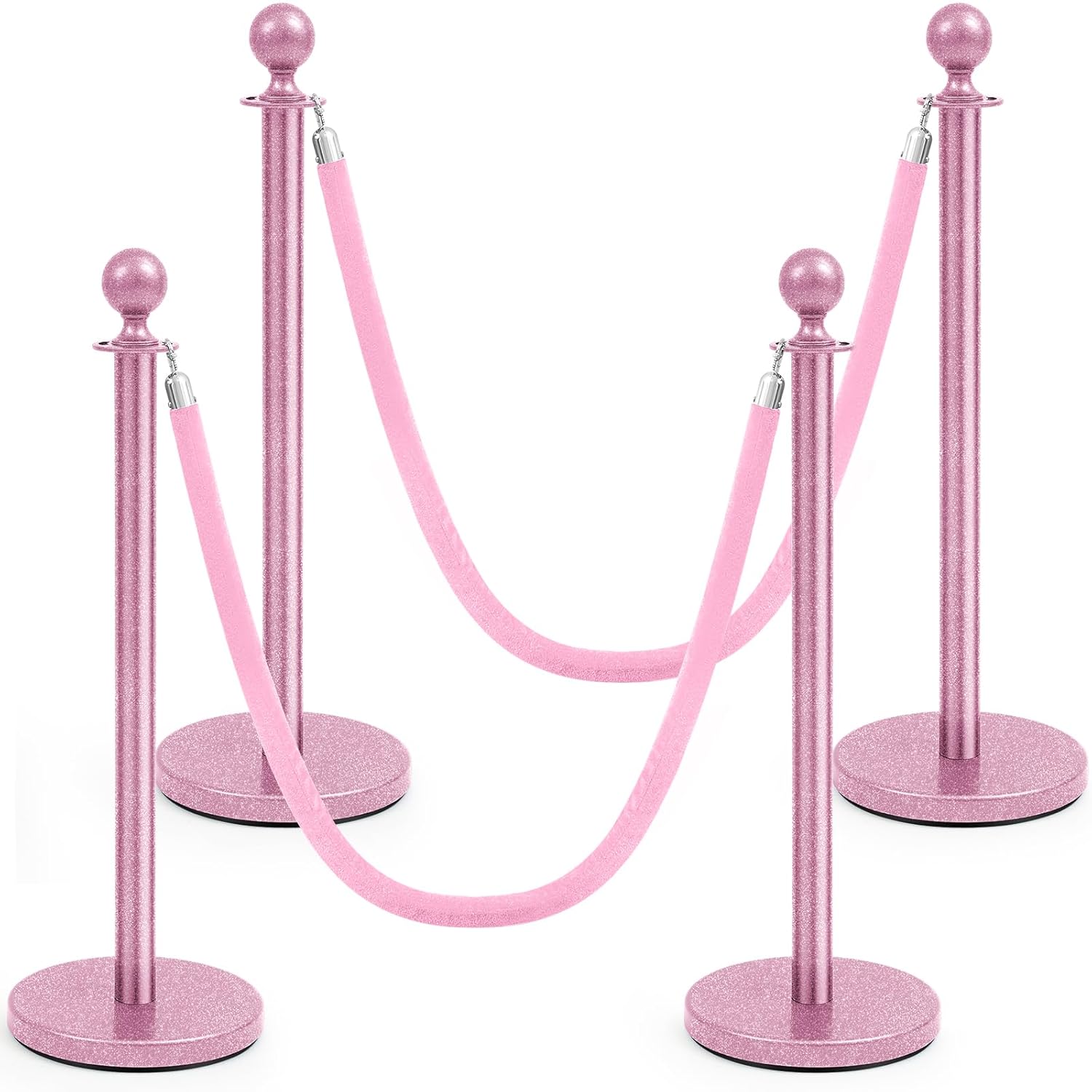 SIMILAR TO STOCK PHOTO Ferraycle 4 Pcs Stainless Steel Stanchions Post Queue 38 Inch, 5 ft Velvet Carpet Ropes and Pole, Control Barriers for Wedding Birthday Party Decoration Sand Injection Hollow Base Set (Glitter Pink) Glitter Pink 4