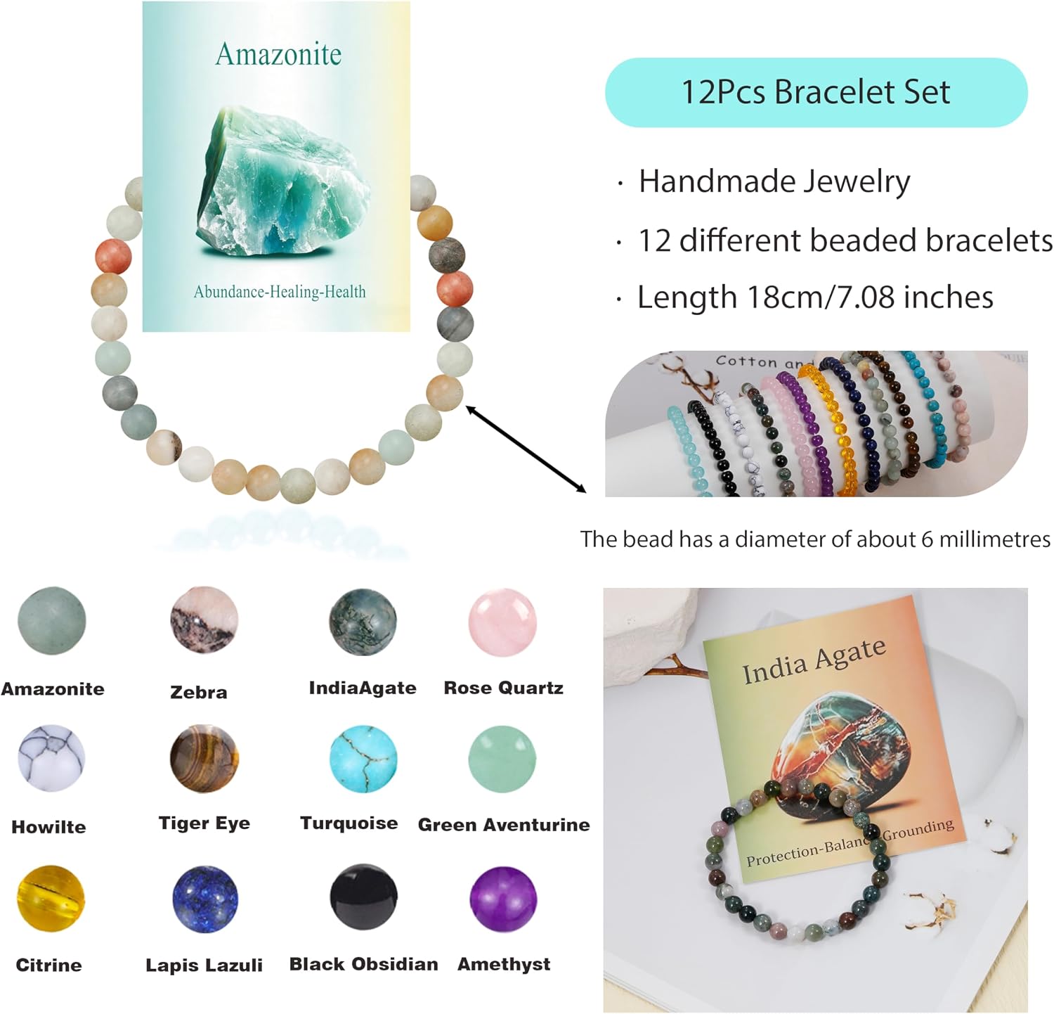 BOMAIL 12Pcs Semi-Precious Gemstones Bracelets for Women 6mm | Round Natural Stone, Healing Crystal Beaded,Handmade Stretch,Reiki Spiritual Yoga Jewelry,Durable,Meaning Card Bracelet Gift