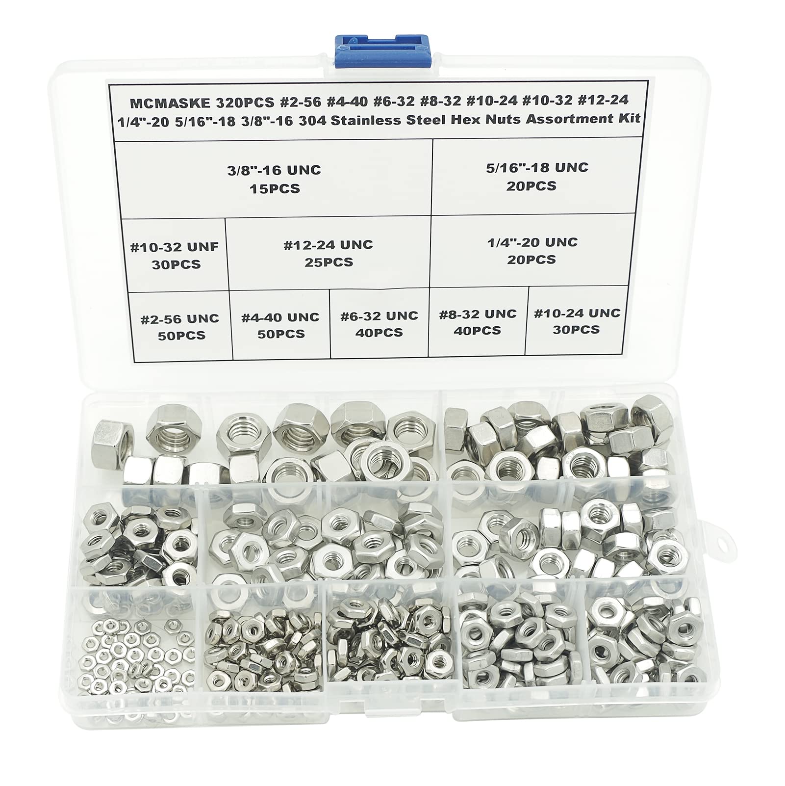 #2-56#4-40#6-32#8-32#10-24#10-32#12-24 1/4 Zoll-20 5/16 Zoll-18 3/8 Zoll-16 304 Edelstahl Sechskantmuttern Sortiment Kit