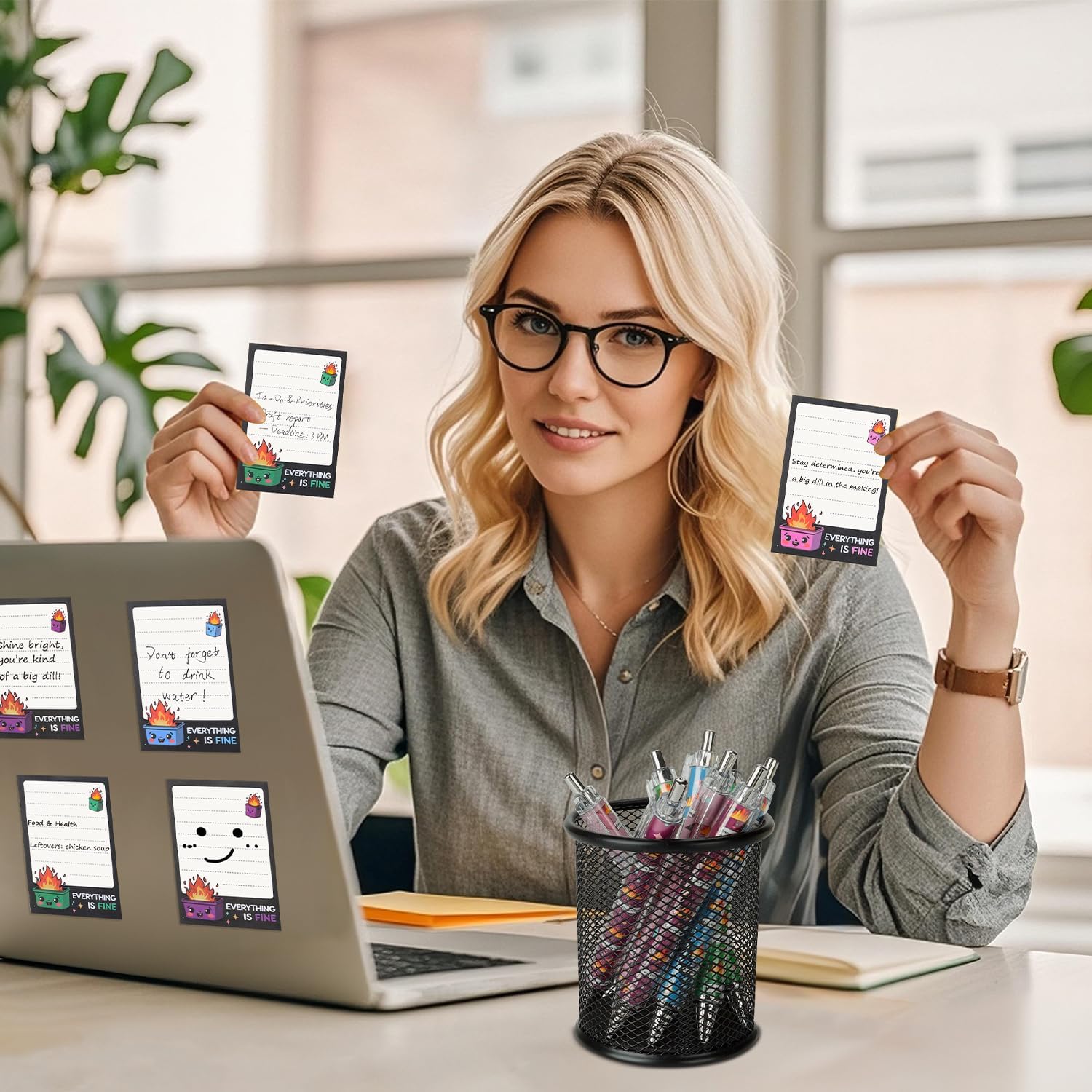 Dumpster On Fire Desk Accessories - 8 PCS Cute Sticky Notes   8PCS Ballpoint Pens, It's Fine I'm Fine Everything is Fine,Memo Notes Funny Office Gifts for Women Men Coworkers