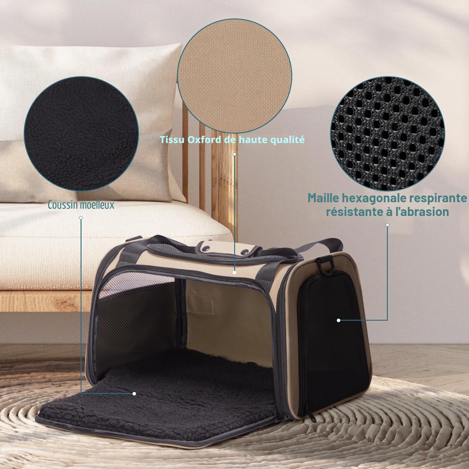 Petsfit Sac de Transport pour Chat et Petit Chien - Sac Transport Chat Léger avec Matelas Extensible et Sangle de Sécurité, Pliable et Aéré (S/Kaki)