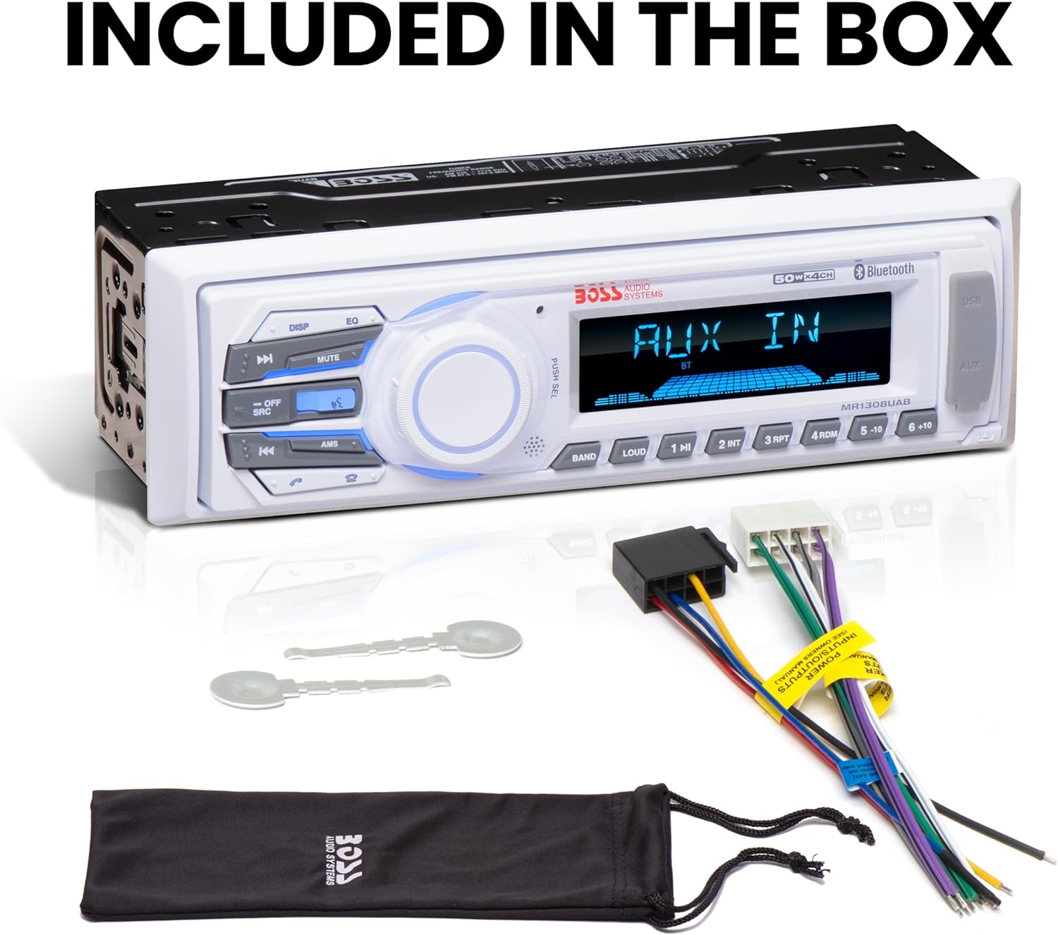 BOSS Audio Systems MR1308UAB Marine Receiver - Weatherproof, Bluetooth Audio, USB, SD, MP3, AM/FM, Aux-in, No CD Player, White, 8.50in. x 8.50in. x 4.00in.