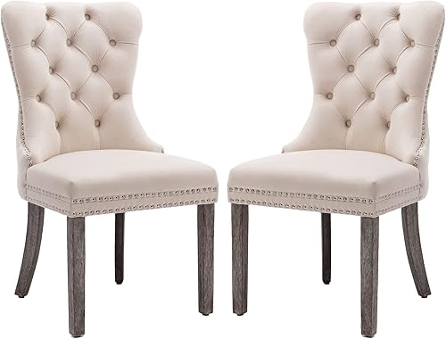 KCC Nikki Collection - Juego de 2 sillas de comedor de terciopelo tapizadas de alta gama con anillo trasero de clavo, patas de madera maciza, estilo