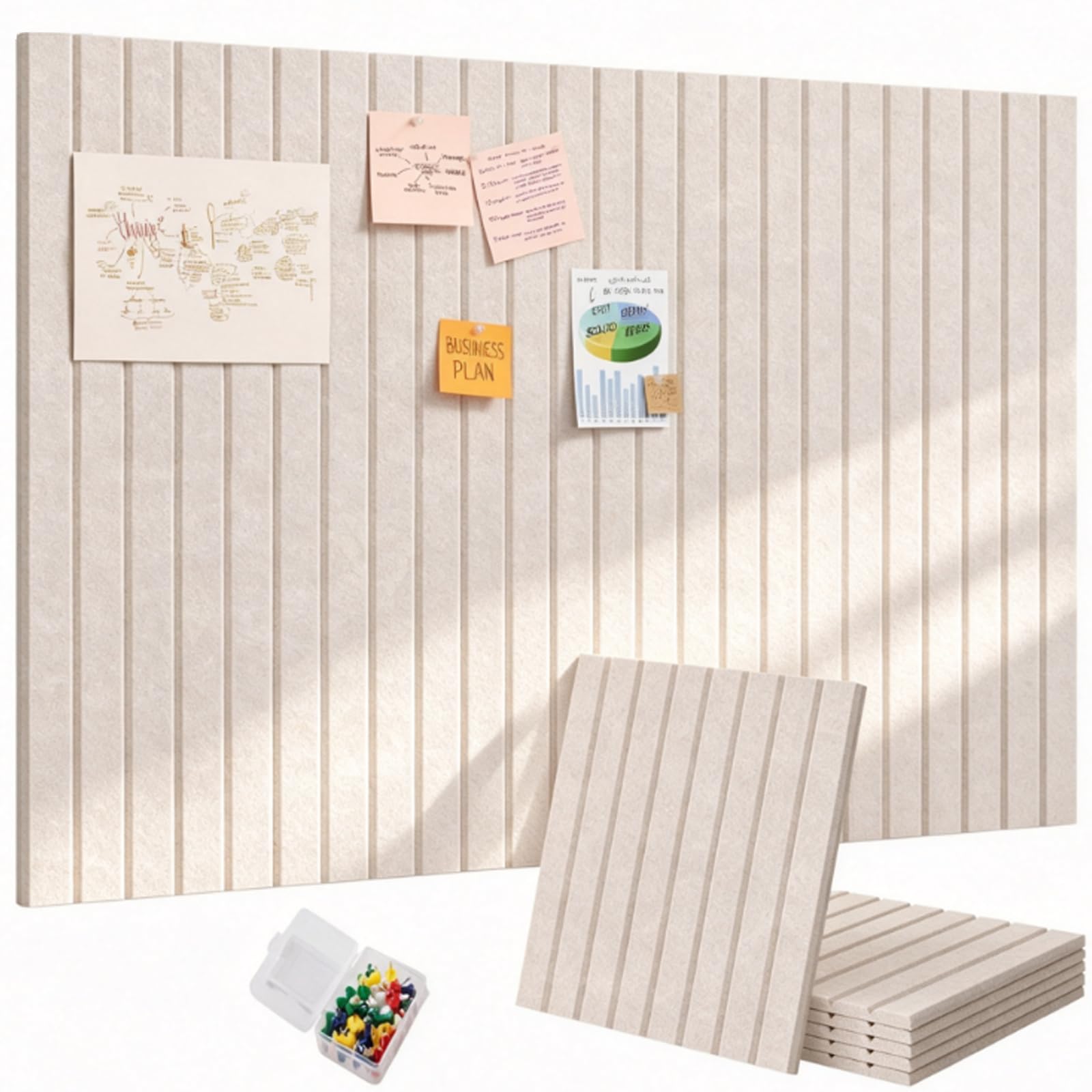 Oatmeal Felt Bulletin Board Tiles, 48"x36" Large Cork Board Alternative, 12-Pack Slat Wall Paneling for Office, with 30 Pushpins & 70 Adhesive Tabs (Light Camel Color, 6-Pack)