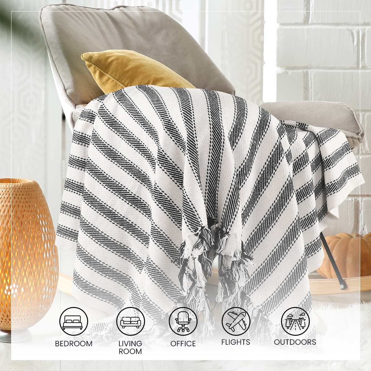 SASHAA WORLD Striped Throw Medium with Tasselled Edges |Throw for Living Room, Bedroom, Sofa & Chair |Black & White Throw Blanket | 180 x130 cm 4