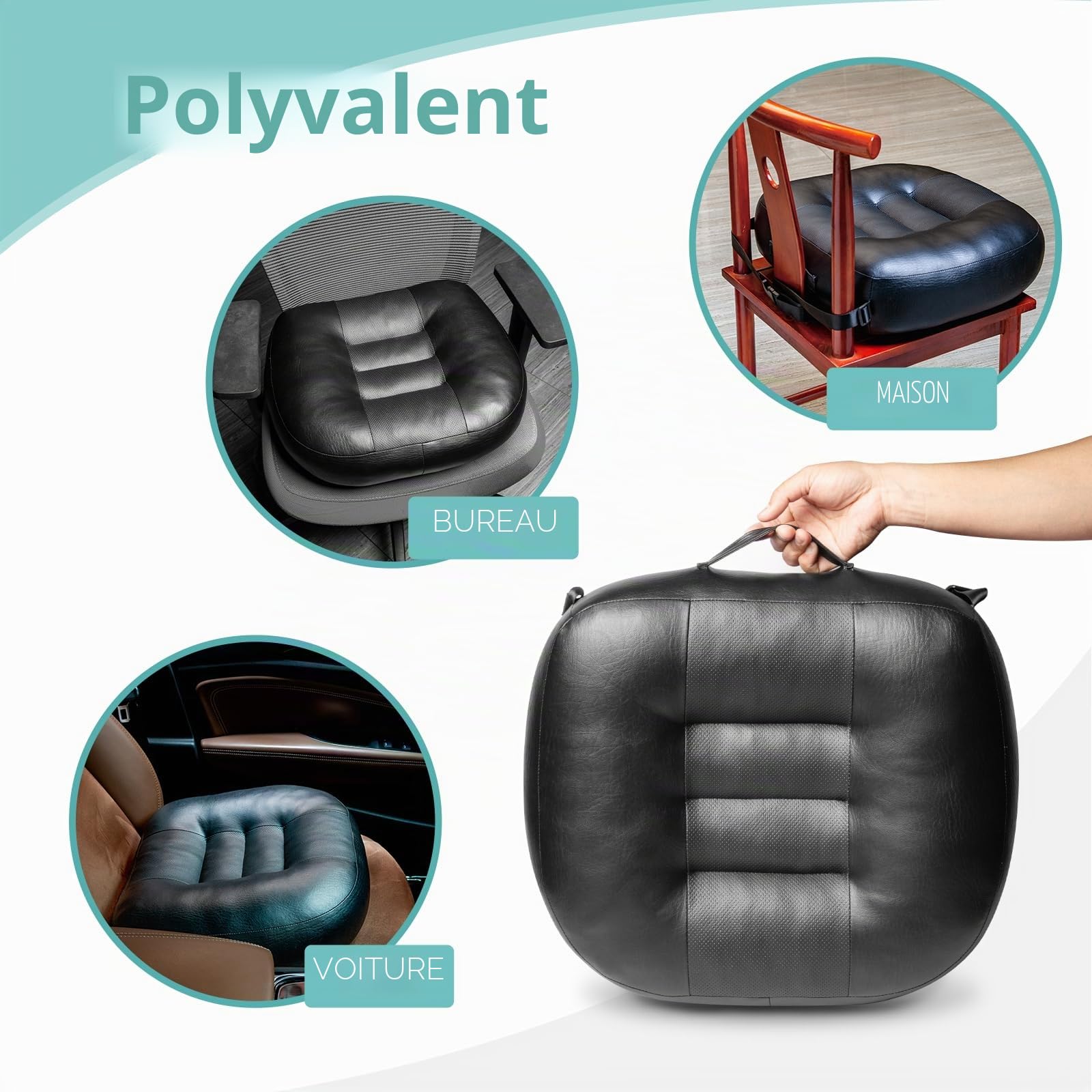 YOUFI Coussin d'assise en cuir synthétique pour chaise de bureau - Rehausseur épais - Rembourrage complet pour soutien - Avec housse en cuir respirant, poignée et boucle - Soulage les maux de dos - 45