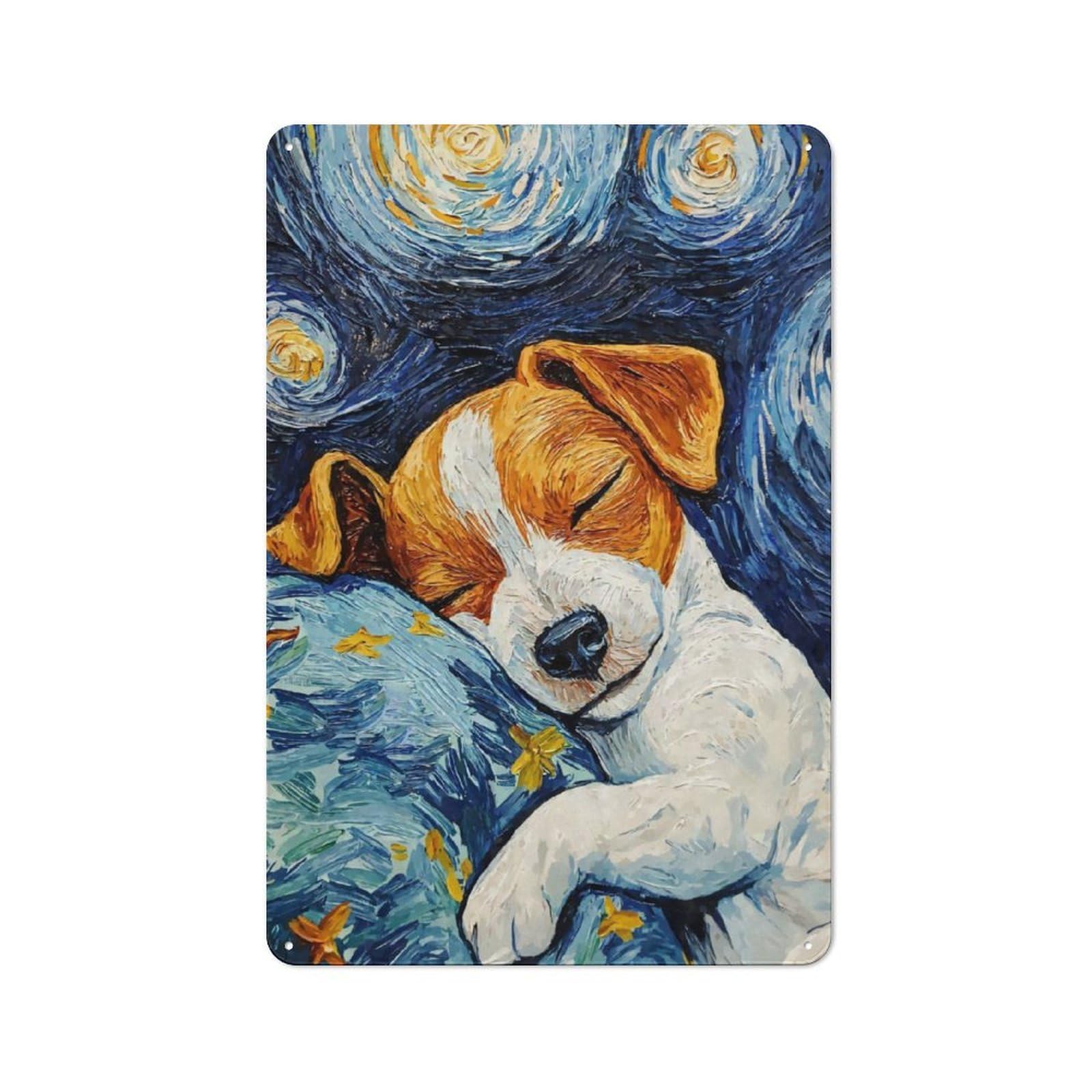 Junmoney Sleeping Jack Russel Terrier Starry Night Printed Metal Sign 30X20cm For Living Room Or Hallway, Suited To Hallway Decor Fans