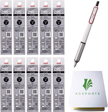 ACEPORTE Uni Jetstream EDGE 0.28mm Oil-based Ballpoint Pen White Red Body + 10 Black Refills, Sticky Notes Value Set