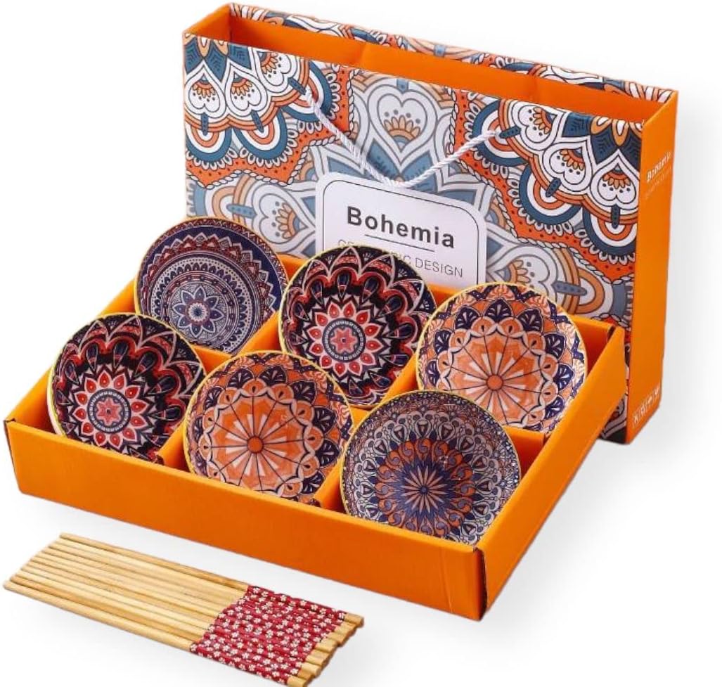 Green Globe Ceramic Rice Bowls 10 oz, Bohemian Style Bowl Gift Set