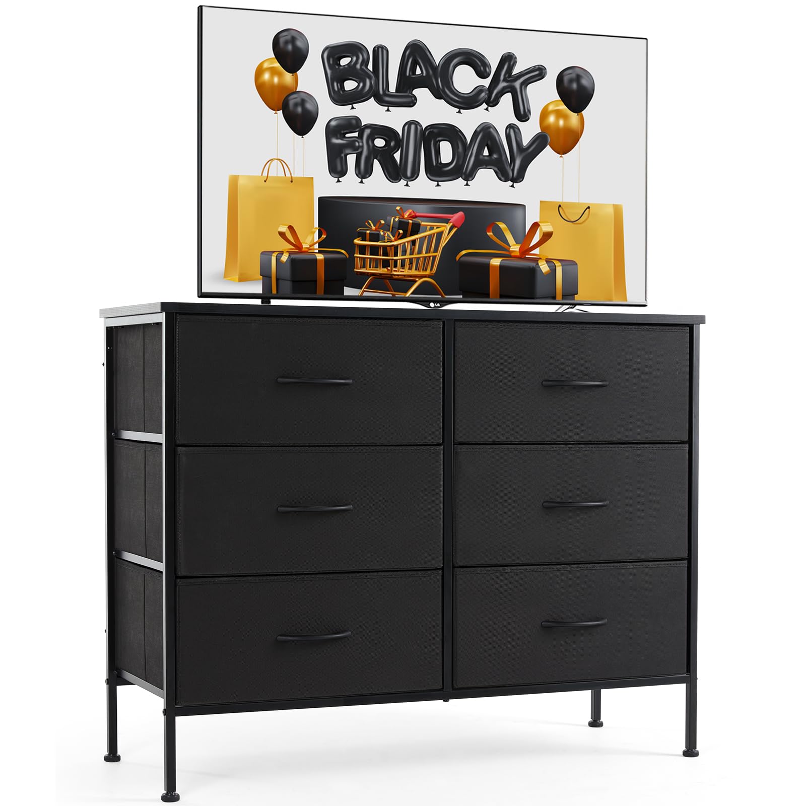 Dresser for Bedroom, Drawer Dresser Organizer Storage with 6 Drawers Dresser, Chest of Drawers with Fabric Bin, Steel Frame, Wood Top for Bedroom, Entryway, Size 13.8" D x 38.2" W x 30" H