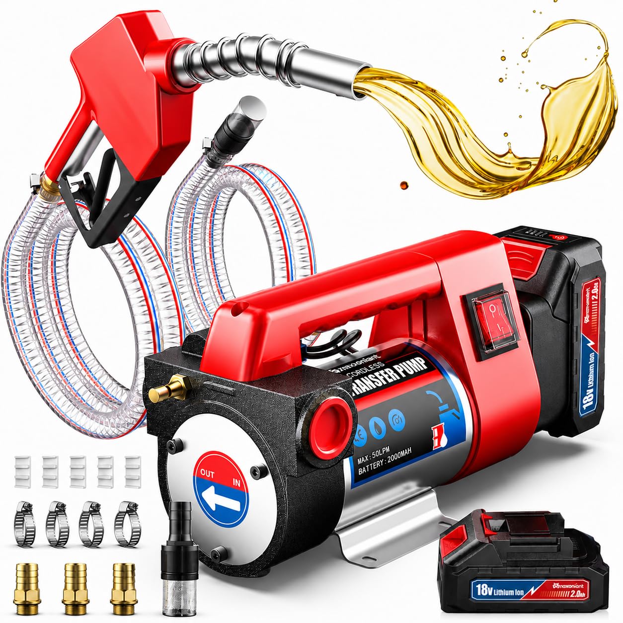 Mxmoonant Kit de Bomba Eléctrica de Transferencia de Diesel, Inalámbrica, Autocebante, 50L/Min, 260W, 4Kg, con 2X 2000mAH Batería de Litio, Boquilla de combustible, manguera, para Diesel, Keroseno | Autocebante, 260W, 2×2000mAh, para diésel/queroseno