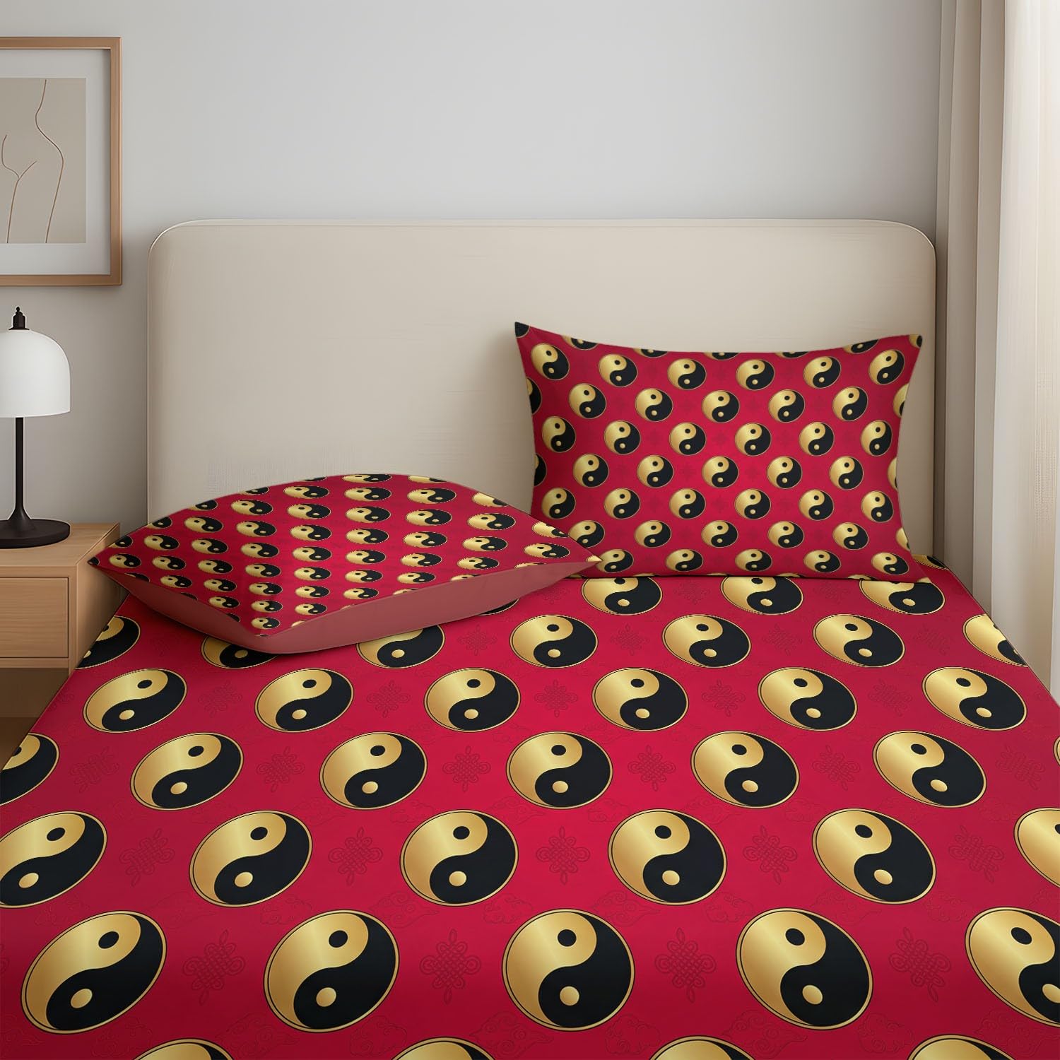 Mistyczne symbole prześcieradło z gumką Zen Yin Yang geometryczne prześcieradło z gumką 140 x 200 x 30 cm 3-częściowy zestaw pościeli z mikrofibry z 2 poszewkami na poduszkę 80 x 80 cm, bez