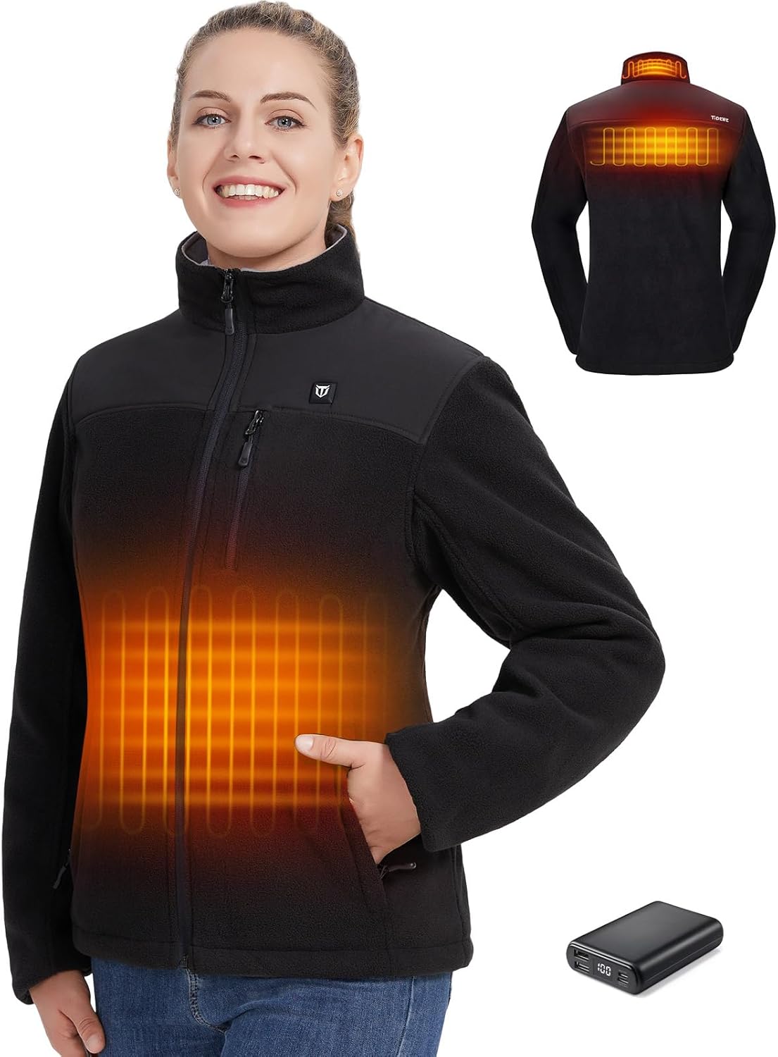 TIDEWE Women’s Heated Jacket Fleece with Battery Pack, Rechargeable Coat for Hunting (Black, Camo, Size S-XXL) - Image 2