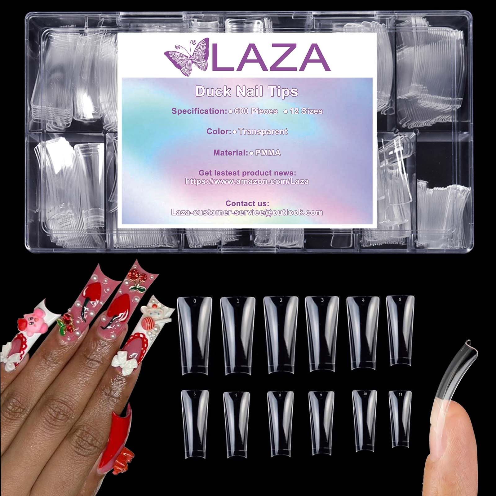 Laza 600pcs Long Duck Nail Tips 12 Sizes Box-packed Clear Duck Nails Half Cover Wide Nail Tips French False Nail Tips for Acrylic Nails Extension Tips