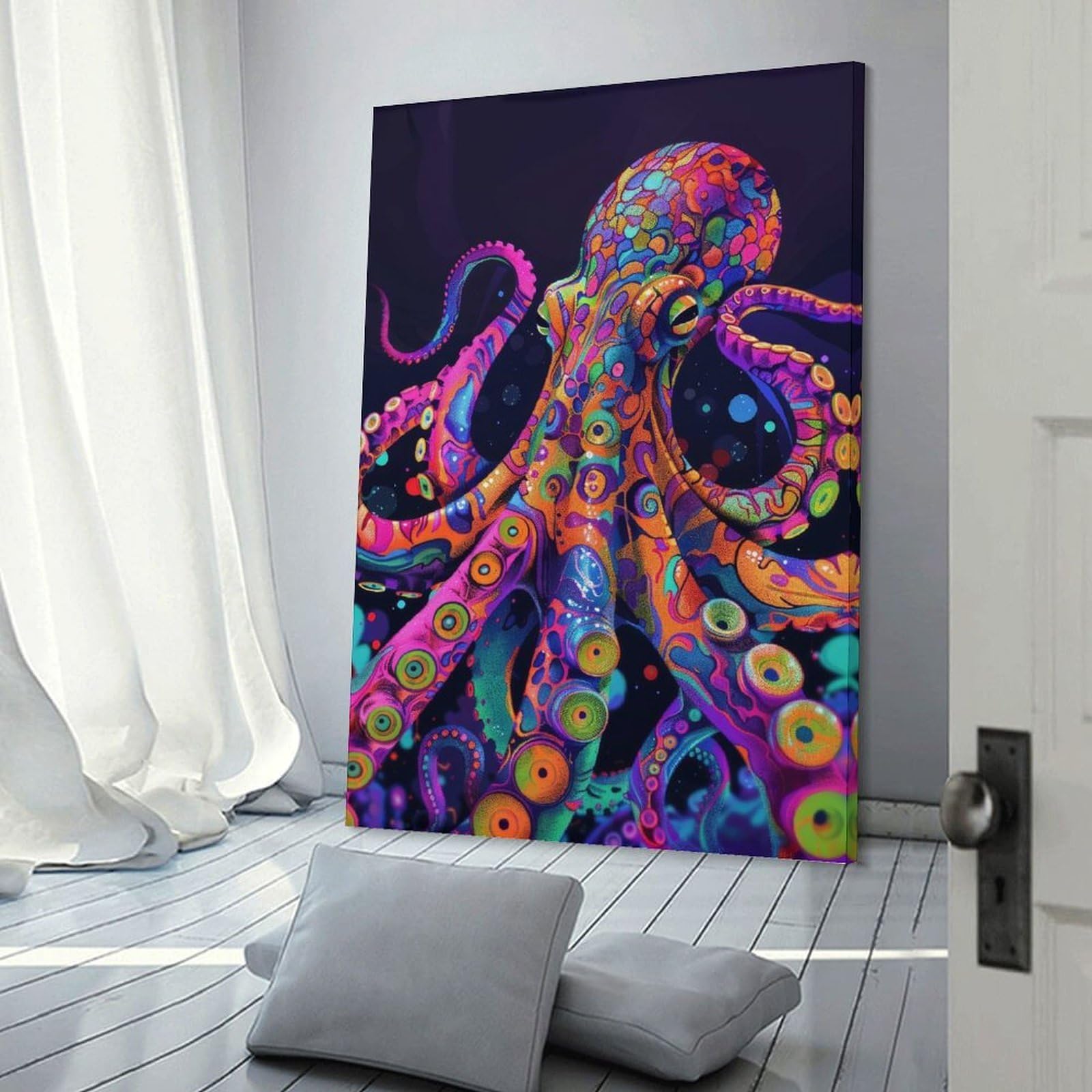 Junmoney Psychedelic Neon Octopus Home Decor Wall Art 24x36inch(60x90cm), for Hallway, Bedroom Or Modern Interiors, Canvas Artwork with Gifting Potential