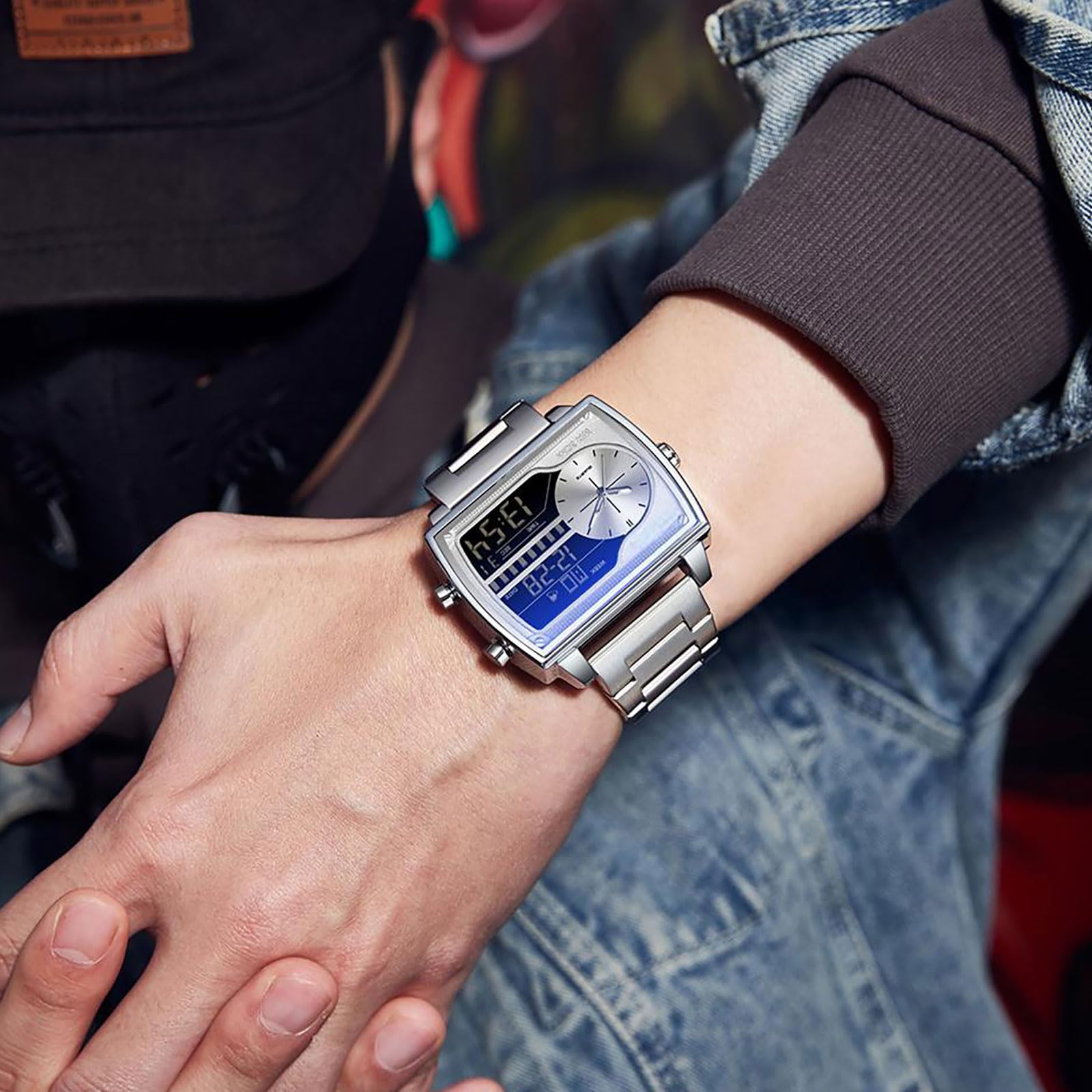 findtime Orologio da uomo rettangolare retrò lussuoso orologio da polso da uomo digitale analogico al quarzo classico business casual tre fuso orario impermeabile illuminato grande quadrante per