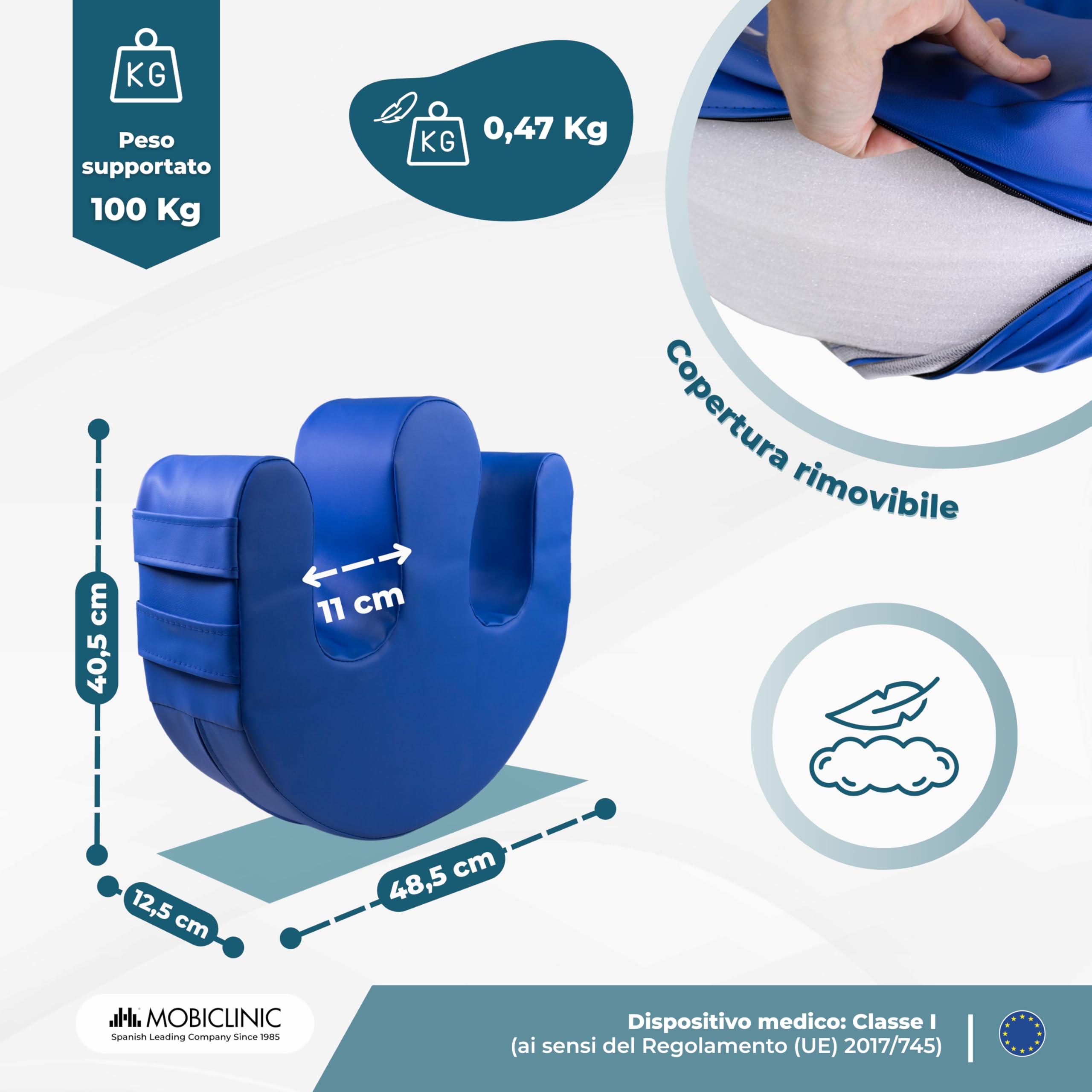 Mobiclinic®, Cuscino rotante per persone allettate, Antidecubito, Schiuma, Maniglie per cambio postura, Forma a U, Fodera Impermeabile Lavabile, Base Antiscivolo, 50x40,5x12 cm, 100 kg, Folk