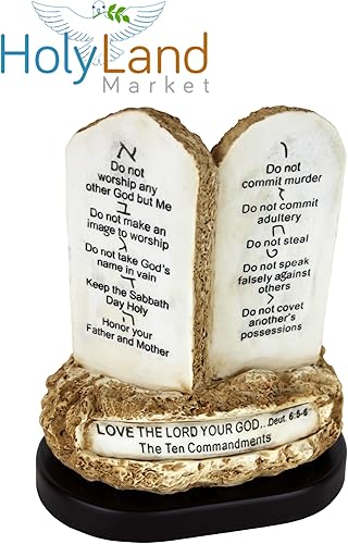 Miniatura 7 de Holy Land Market Tabletas de los Diez Mandamientos, resina sobre base de madera, placa de 10 mandamientos, decálogo dado a Moisés en el monte Horeb