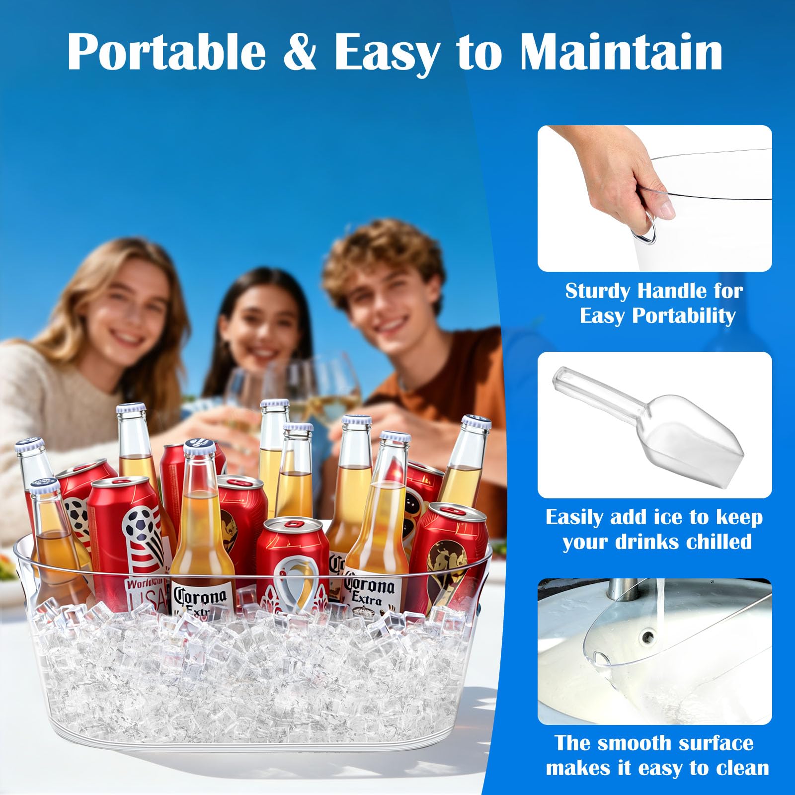 Eiskübel für Partys, 4 Packungen, 15 l großer Eiskübel mit 4 Schaufeln, transparenter Acryl-Kunststoffwanne für Zuhause, Büro, Kühlschrank, Zubehör für Champagner, Bier, Cocktail auf Mimose, Bar