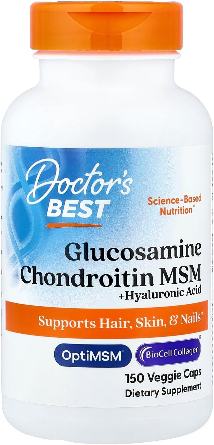 Glucosamine Chondroitin MSM + Hyaluronic Acid with OptiMSM Featuring Biocell Collagen, Joint Support, Non-GMO, Gluten & Soy Free, 150 Caps