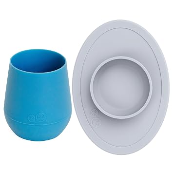 ezpz Tiny Cup Blue + Tiny Bowl Pewter - baby essentials cup and bowl