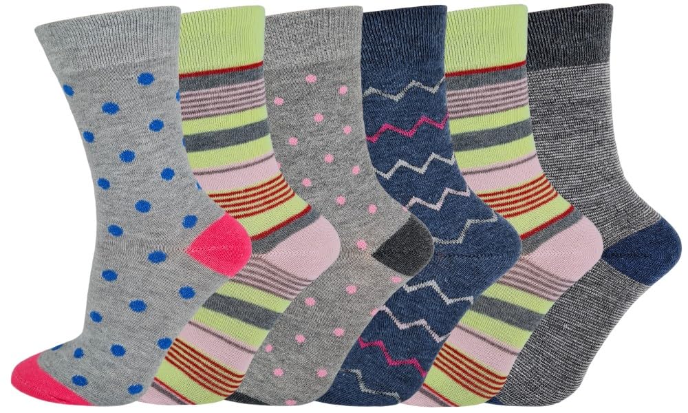 Sock-Tec Women's Stripe, Spot Mix Ankle Socks Cotton Rich Funky Designs Multipack Of 6 Pairs Size 4-8 (Uk, Numeric, 4, 8, Regular, Regular, )