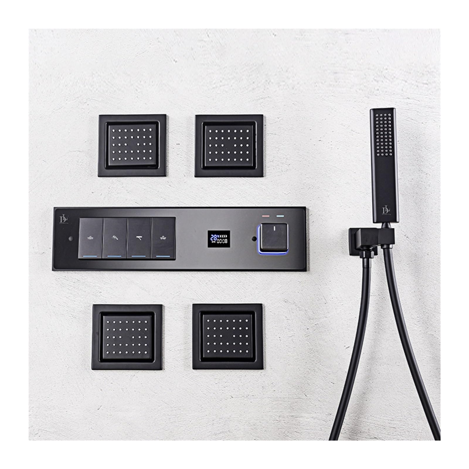 Sistema de Ducha, de ducha baño negro gama alta, diseño llave pared con pantalla digital intelinte, fría y caliente cuatro funciones(Brushed Grey)