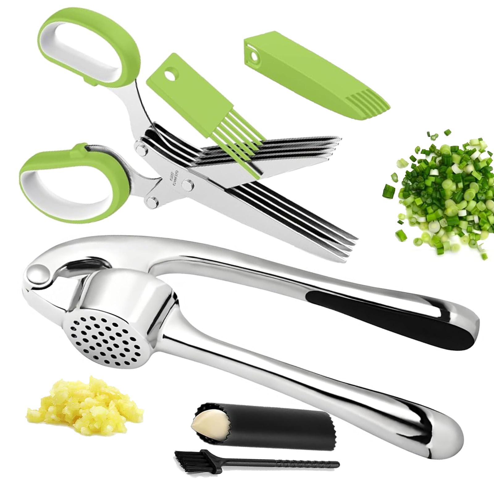 Garlic Press and Herb Scissors Set, 6 Pieces with Garlic mincer and Multipurpose Scissors, Rustproof Tools for Kitchen Use. (Silver+Green)