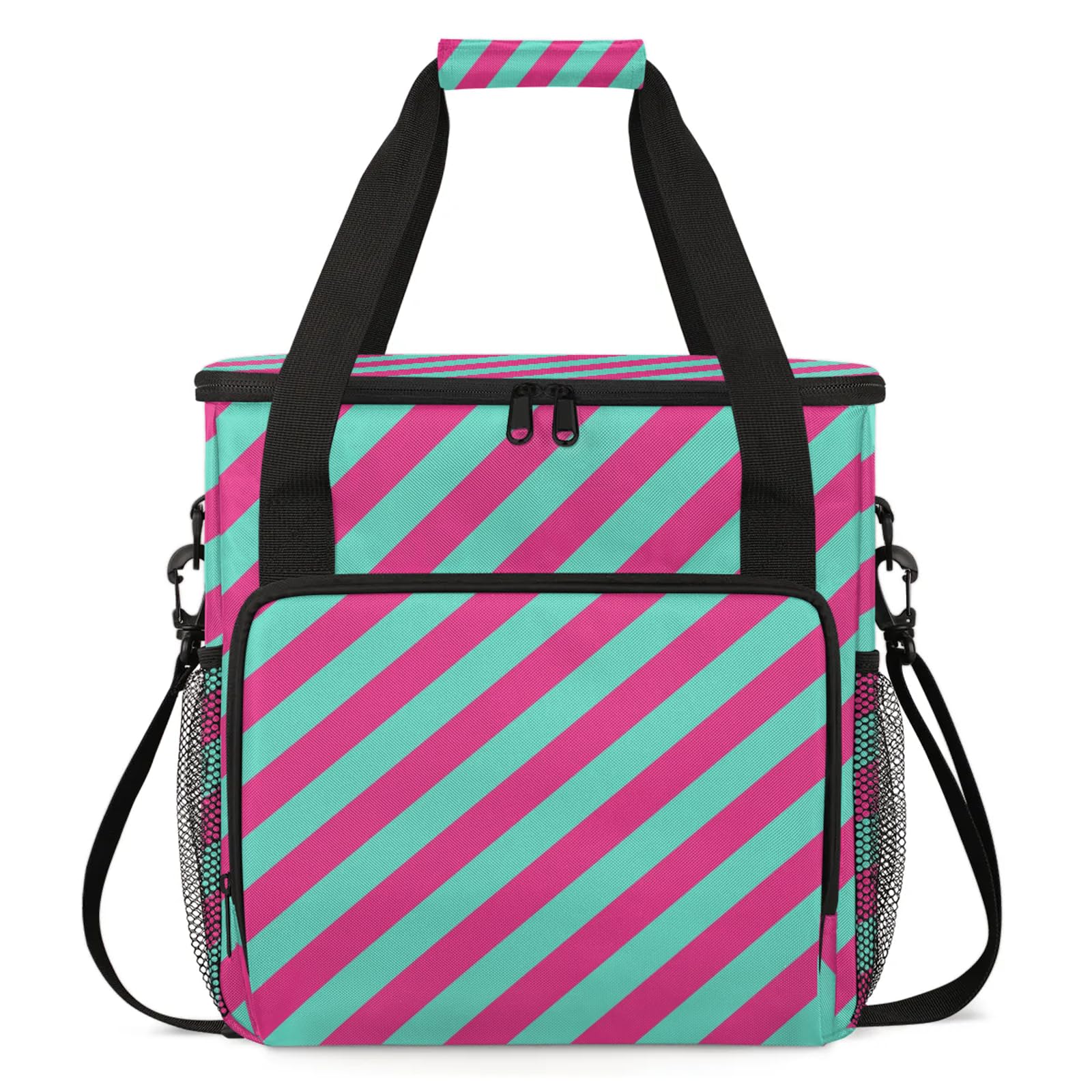 Adornori Striped Pink Green Travel Coffee Maker Carrying Bag, Large Organizer Storage Tote Bag Insulated Reusable Cooler Grocery Bags