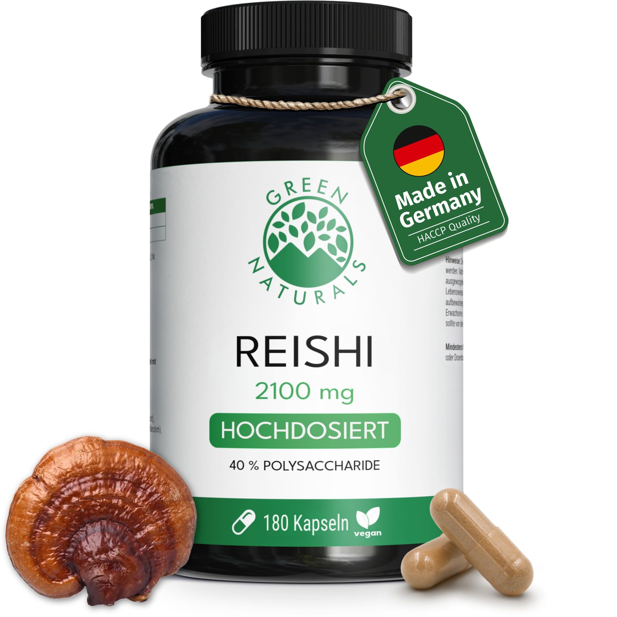 Green Naturals® Reishi Extrakt – Hochdosiert: 2100 mg mit 40% Polysacchariden (840 mg) – Ganoderma lucidum (Ling Zhi) – Made in Germany – 180 vegane Kapseln | 40 % Polysaccharide (840 mg) · Ganoderma lucidum (Ling Zhi) · 2-Monatsvorrat · Laborgeprüft