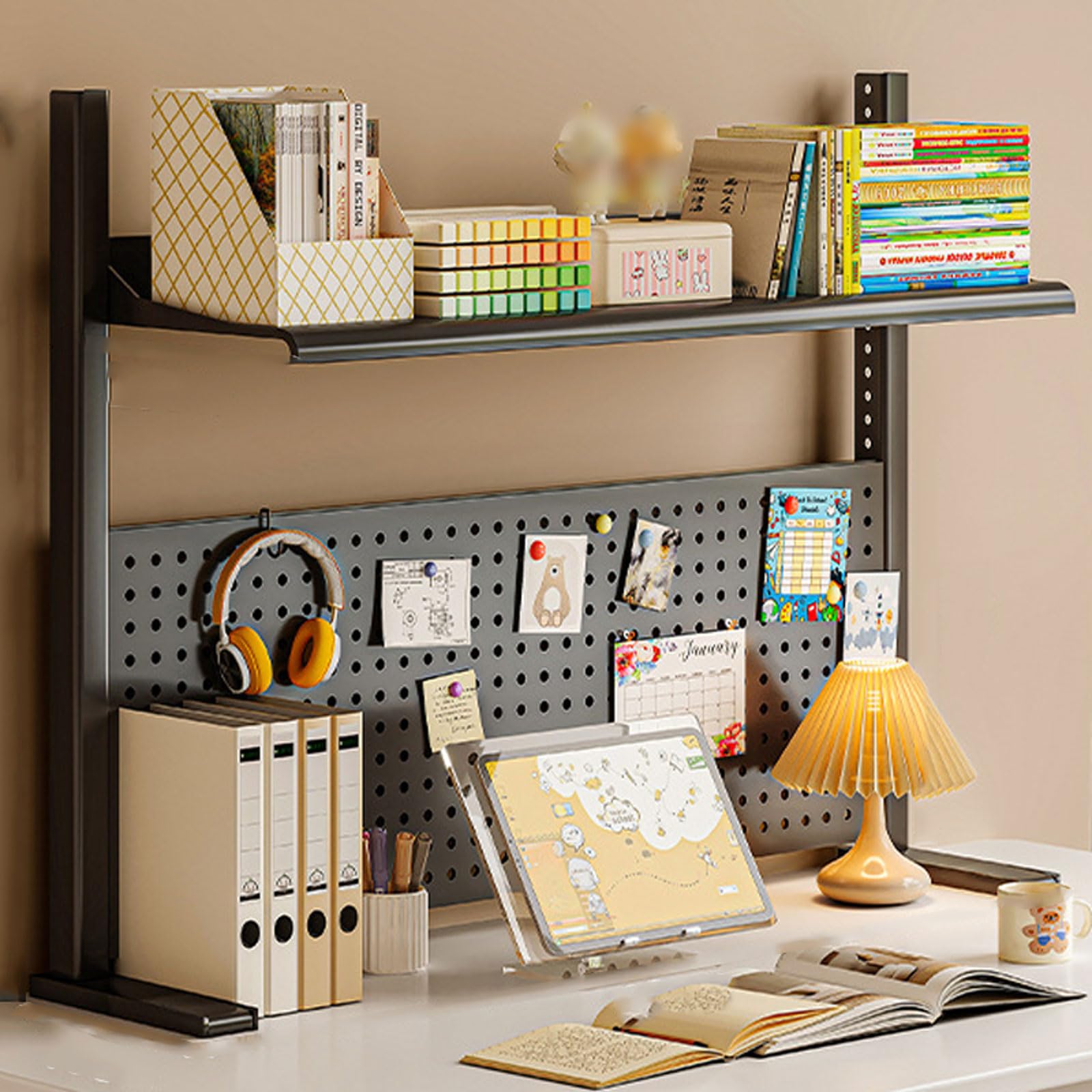 Desk Organizer Shelf Clip On for Home Office Storage, Clamp On Desktop Shelf with Perforated Board and Hooks - Storage Box, Shelving Unit