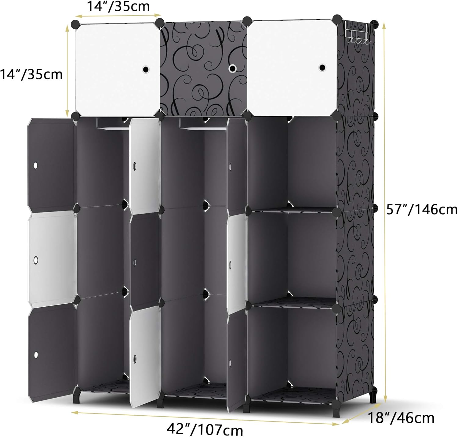 Diagram showing the dimensions of the wardrobe and individual cubes