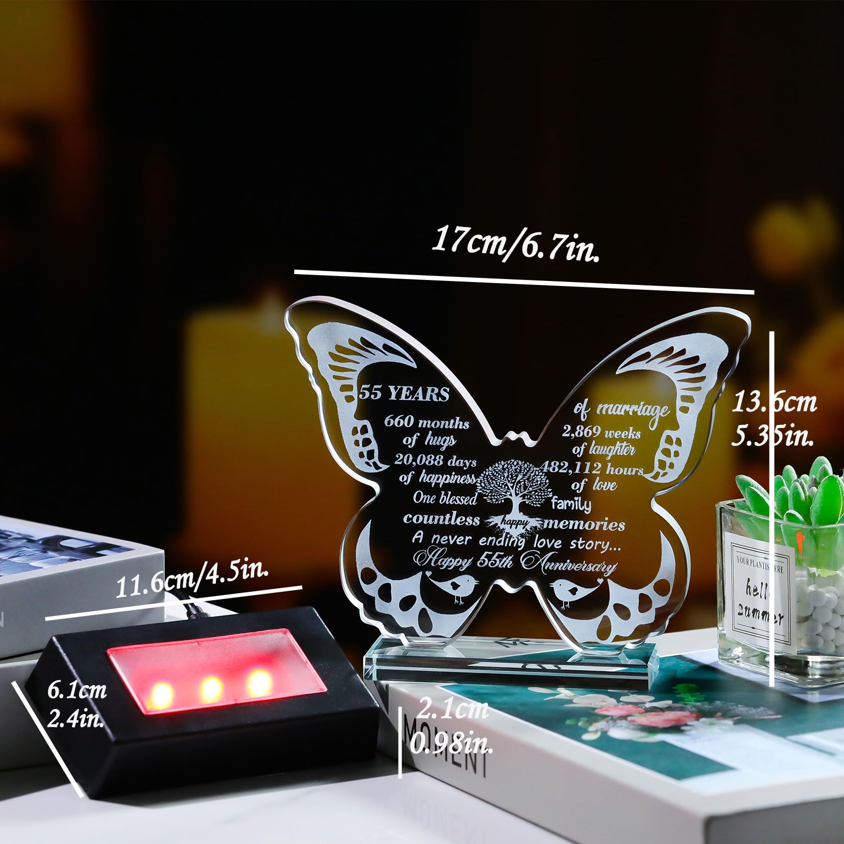 Ornalrist Happy 55th Wedding Anniversary Romantic Gifts for Couples Wife 13.6cm Glass Butterfly-shaped 55 Years of Marriage Keepsake with LED Base Ideas Presents for Parents Friends - Image 2